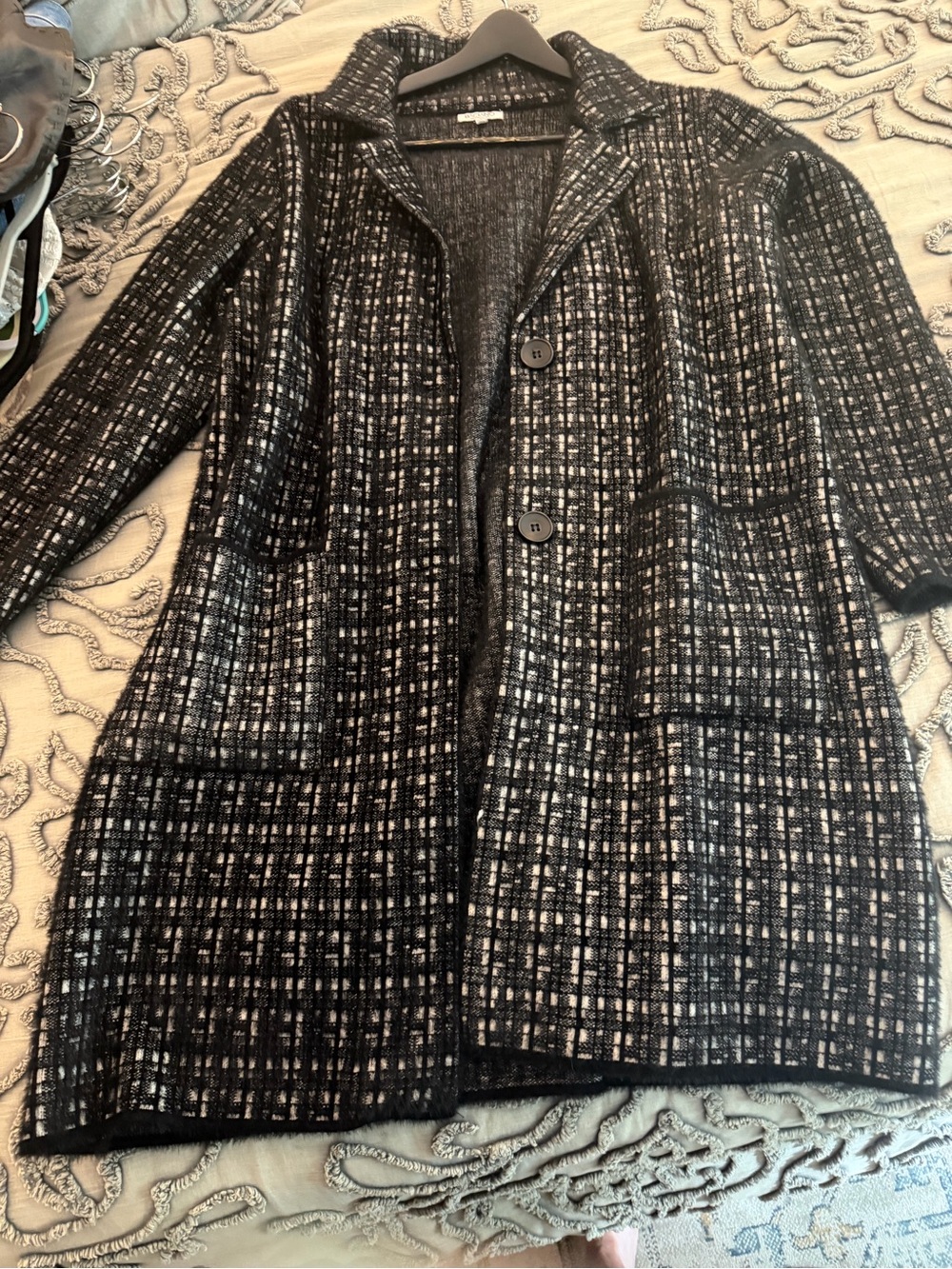 Women’s Black & White Patterned Long Coat 3/4 length soft comfortable coat